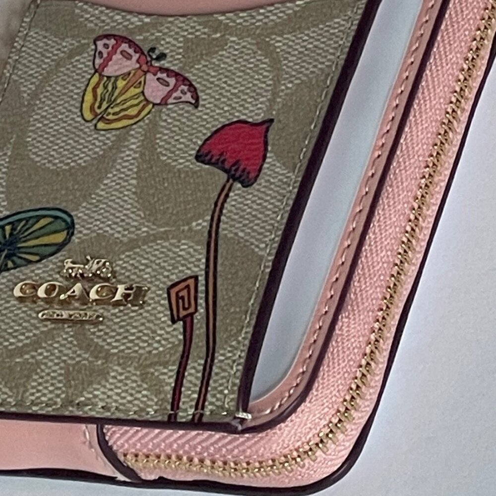 Coach Observed By Us Zip Card Case Khaki Signature Canvas Pink - Picture 7 of 8